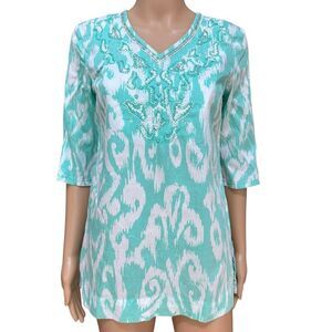 Brooks Brothers 346 100% cotton Top blouse tunic teal Pullover Sequin Beads Sz S